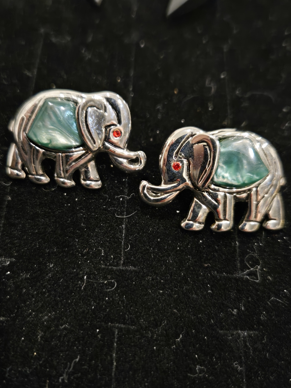 Silver Elephant Stud Earrings with Green Inlay